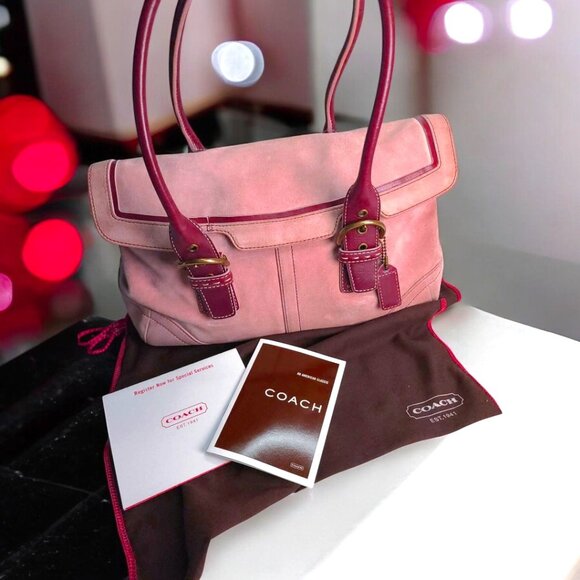 Coach Handbags - Vintage COACH Soho Satchel in pink suede and burgundy leather